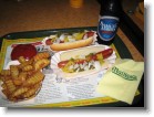 The end to a great trip to NYC:  Two Nathan's hotdogs completely decked out, with a side of fries and a beer, while waiting for our train in Penn Station.