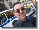 A close-up of Juston in Times Square.