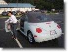 Ashley doing the bunny hop out of the car.